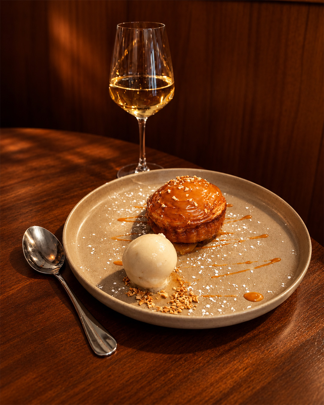 Feuilleté nappé de caramel, glace et éclats de noisettes