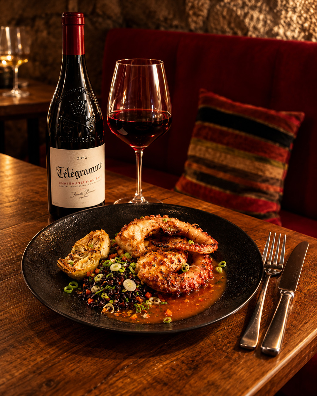 Plat de poulpe, bouteille et verre de vin rouge
